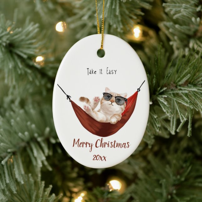 Custom Dated Rest Relaxation Christmas Cat Ceramic Tree Decoration (Tree)