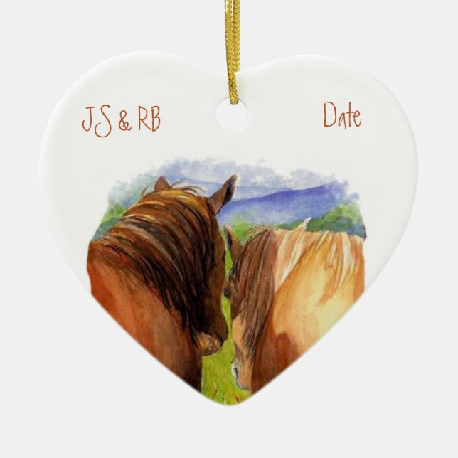 Custom Dated Romantic Horses Sharing a Secret Ceramic Tree Decoration (Front)