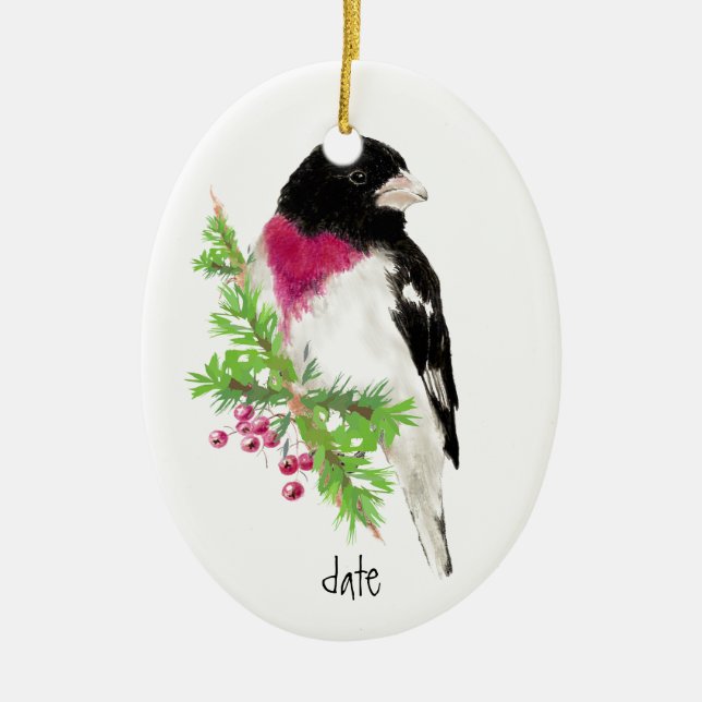 Custom Dated Rose Breasted Grosbeak, Bird Animal Ceramic Tree Decoration (Front)