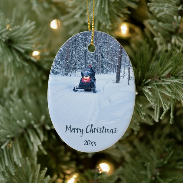 Custom Dated Skidoo Snow Mobile Winter Ceramic Tree Decoration (Tree)