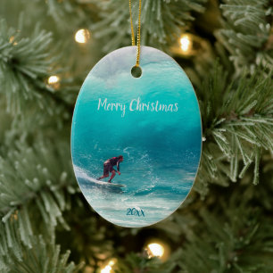 Custom Dated Surfer Surfing Wave Curl Ocean Water  Ceramic Tree Decoration