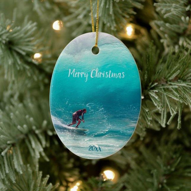 Custom Dated Surfer Surfing Wave Curl Ocean Water  Ceramic Tree Decoration (Tree)