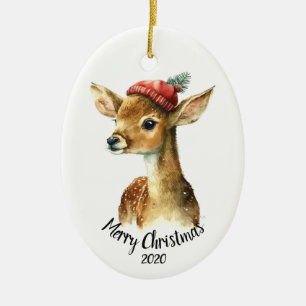 Custom Dated Vintage Christmas Deer Animal Art Ceramic Tree Decoration