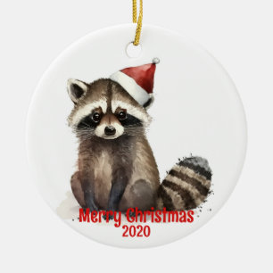 Custom Dated Vintage Christmas Watercolor Raccoon Ceramic Tree Decoration