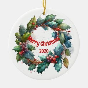 Custom Dated Vintage Christmas Watercolor Wreath Ceramic Tree Decoration