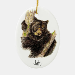 Custom Dated Watercolor Black Bear Animal Ceramic Tree Decoration