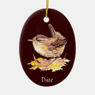 Custom Dated Watercolor Cute Wren Bird Ceramic Tree Decoration