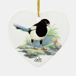 Custom Dated Watercolor Magpie, Bird Animal Ceramic Tree Decoration