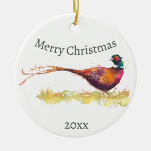 Custom Dated Watercolor Pheasant, Bird Animal Cera Ceramic Tree Decoration