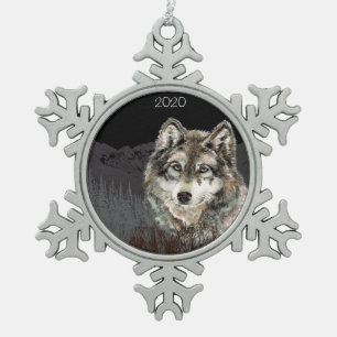 Custom Dated Watercolor Wolf & Mountain Art Snowflake Pewter Christmas Ornament