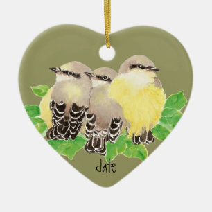 Custom Dated, Western Kingbird, Cuddling Bird Ceramic Tree Decoration