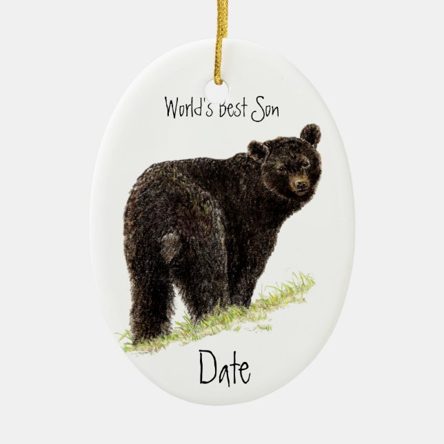 Custom Dated World's Best Son Black Bear Ceramic Tree Decoration (Front)