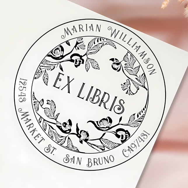 Custom Deco Ex Libris Bookplate with Floral Circle Rubber Stamp (Creator Uploaded)