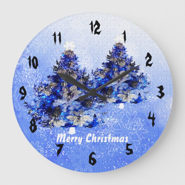 Custom decorated blue christmas tree large clock (Front)