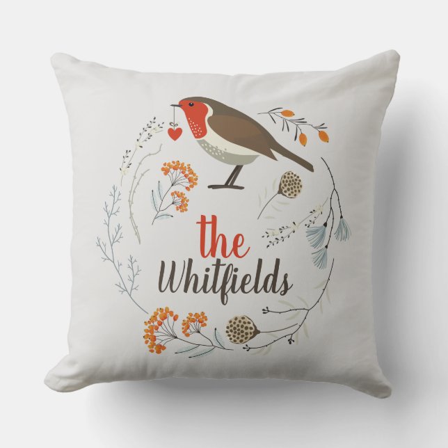 Custom Decorative Robin Botanical Christmas Cushion (Front)