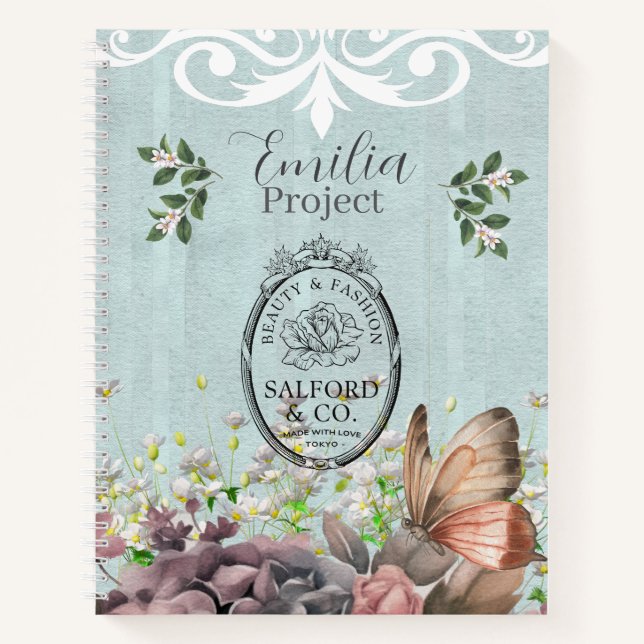 Custom decoratived botanical retro logo Blue Notebook (Front)