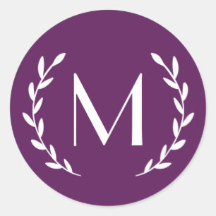 Custom Deep Purple Laurel Monogram Letter Initial Classic Round Sticker