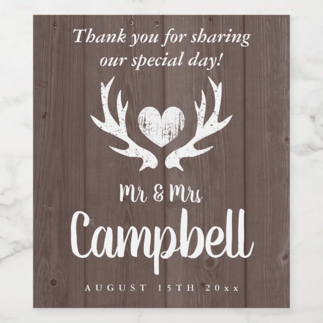 Custom deer antler brown wood wedding wine label (Single Label)