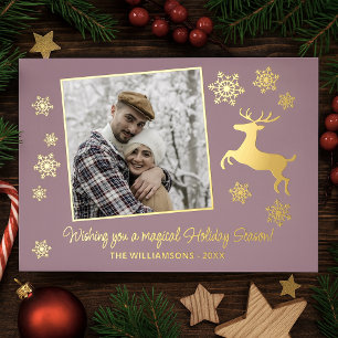 Custom Deer & Snowflakes On Mauve Pink Gold Foil Holiday Card