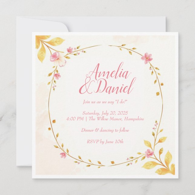 Custom Delicate Floral & Gold Wedding invite (Front)