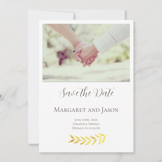 Custom Delicate Golden Leaves Save The Date Card (Front)