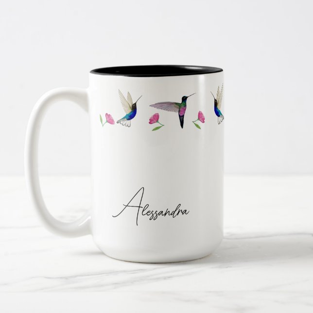Custom Delicate Hummingbirds Border Two-Tone Coffee Mug (Left)