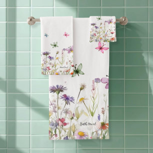 Custom Delicate Watercolor wildflowers butterfly  Bath Towel Set