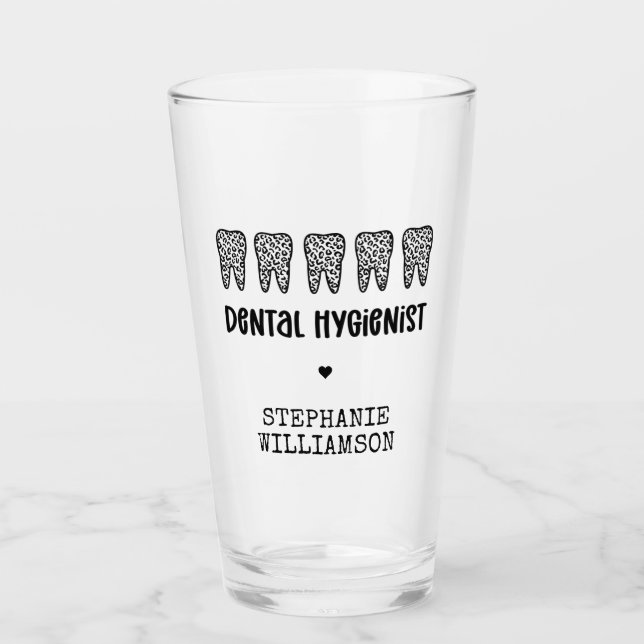 Custom Dental Hygienist Leopard Print Teeth Glass (Front)