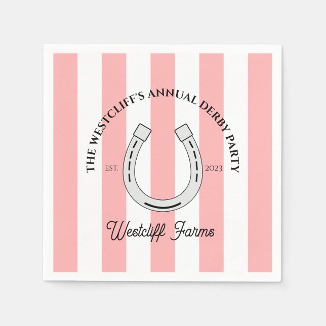 Custom Derby Party Pink Cabana Stripes Horseshoe Napkin (Front)