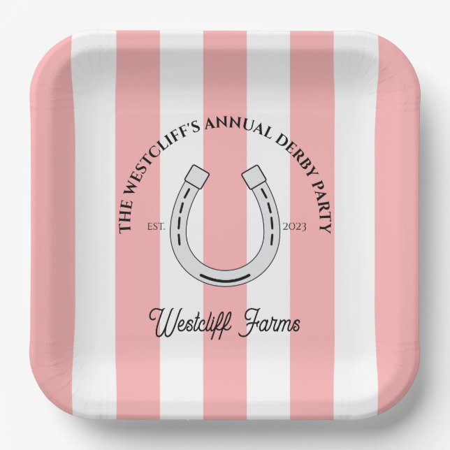 Custom Derby Party Pink Cabana Stripes Horseshoe Paper Plate (Front)