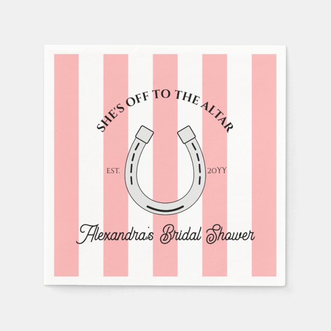 Custom Derby Shower Pink Cabana Stripes Horseshoe Napkin (Front)
