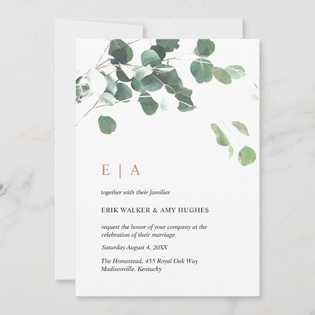 Custom Design #2 - Eucalyptus Leaves & Gold Invitation (Front)