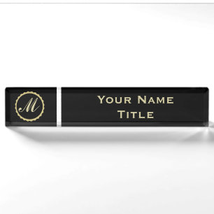 Custom Desk Name Plate Black Gold Monogram