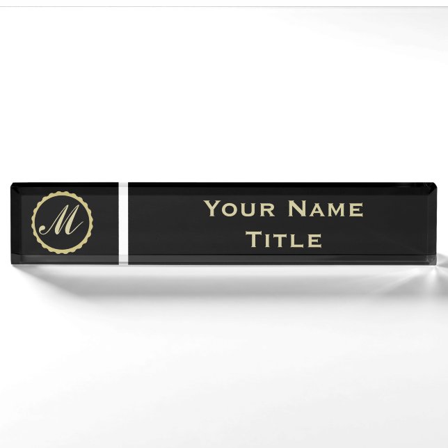 Custom Desk Name Plate Black Gold Monogram (Front)