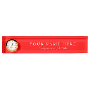 Custom Desk Name Plate in Red with Clock Feature