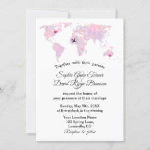 Custom Destination Wedding Watercolor World Map Invitation