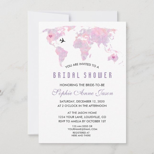 Custom Destination World  Map Bridal Shower Invitation (Front)