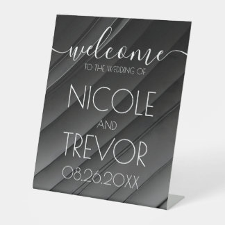 Custom Diagonal Grey Lines Welcome Wedding  Pedestal Sign