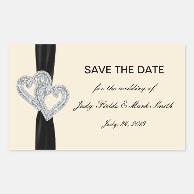 Custom Diamond Black Ribbon Save The Date Stickers (Front)