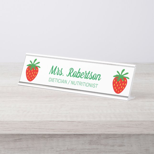Custom dietician nutritionist red strawberry icon desk name plate (Front)