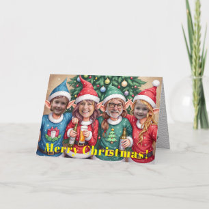 Custom Digital Add Your Face 4 Photo Elves Xmas Card