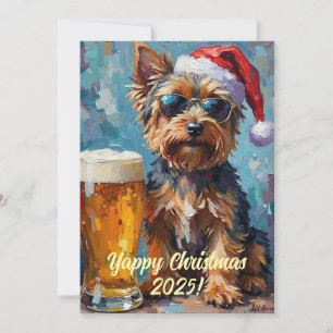 Custom Digital Christmas Yorkie And Beer Xmas Card