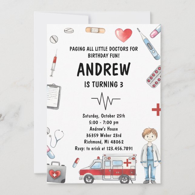 Custom Digital Kids Doctor Birthday Party Invitation (Front)