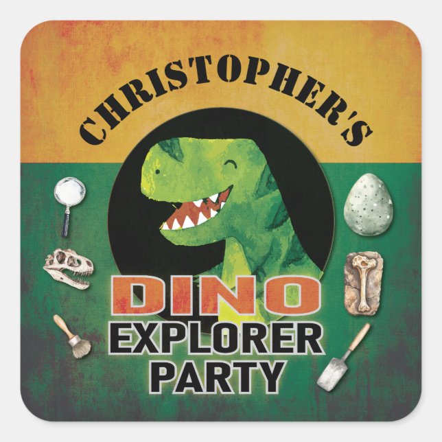 Custom Dino Explorer Dinosaur Birthday Square Sticker (Front)