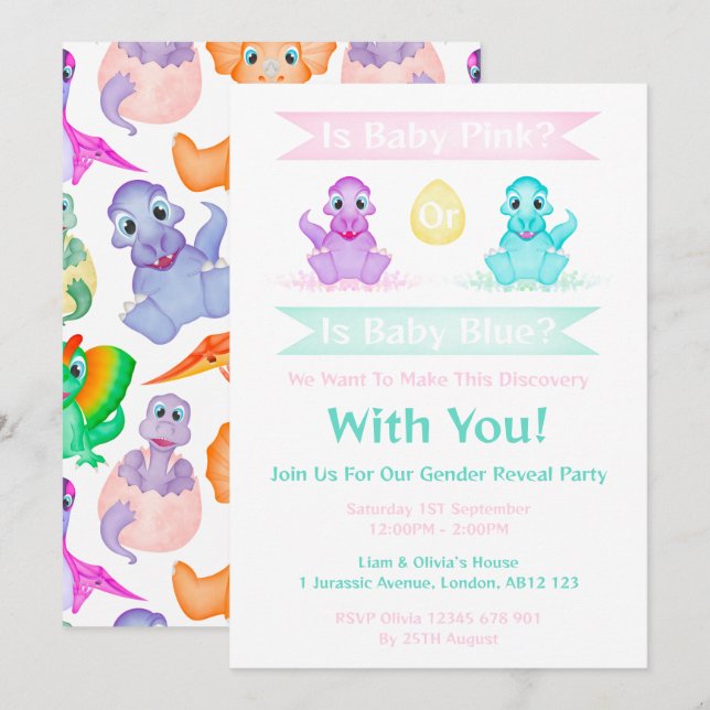 Custom Dino Watercolour Dinosaur Gender Reveal Invitation (Front/Back)