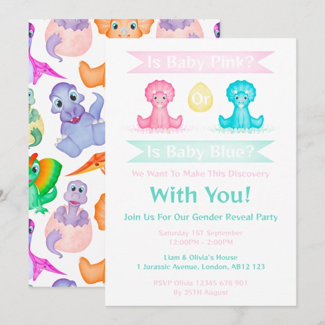 Custom Dino Watercolour Dinosaur Gender Reveal Invitation (Front/Back)