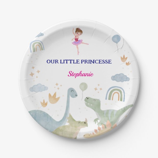 custom dinosaur ballerina ballets birthday  paper plate (Front)