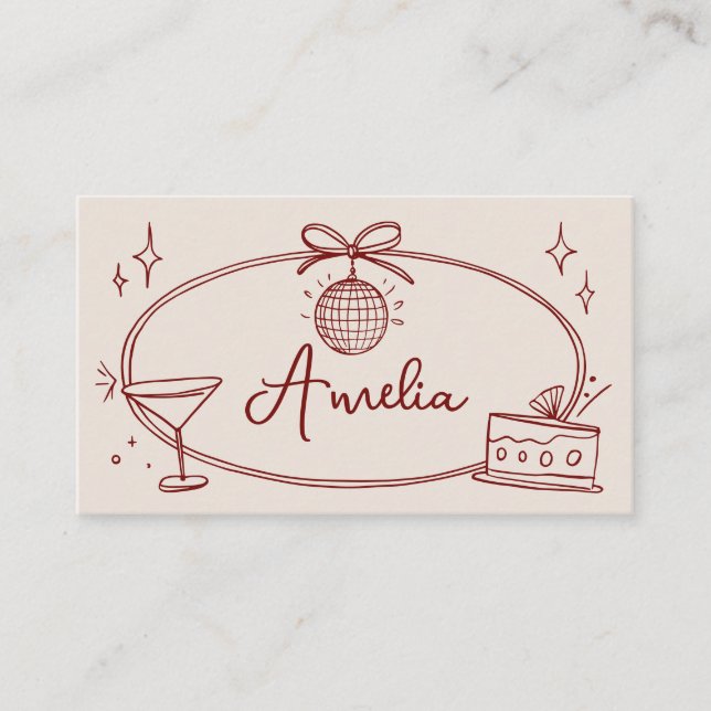 Custom disco birthday place card beige red (Front)