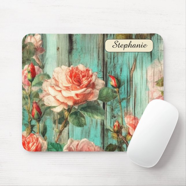 Custom Distressed Turquoise Rose Mouse Mat (With Mouse)