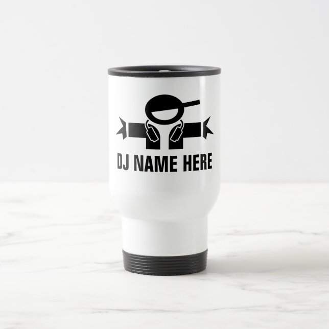 Custom DJ Disc Jockey travel mug for music deejay (Center)